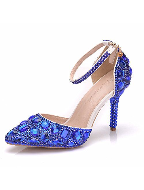 Royal Blue Rhinestone Sandals Thin High Heels Pointed Toe Sandals Blue Crystal Heels Shoes Fashion High Heel Shoes