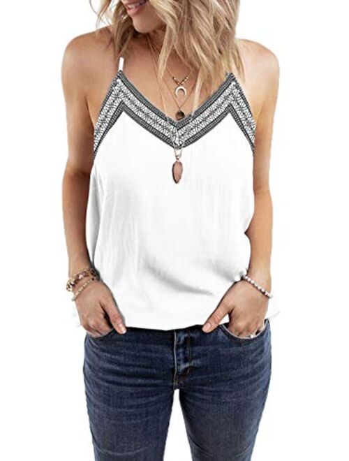 BLENCOT Women's V Neck Strappy Embroidery Tank Tops Loose Casual Sleeveless Shirts Blouses