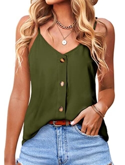 BLENCOT Button Down V Neck Strappy Tank Tops Loose Casual Sleeveless Shirts Blouses