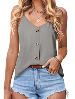 BLENCOT Button Down V Neck Strappy Tank Tops Loose Casual Sleeveless Shirts Blouses