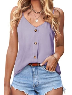 BLENCOT Button Down V Neck Strappy Tank Tops Loose Casual Sleeveless Shirts Blouses