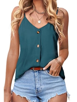 BLENCOT Button Down V Neck Strappy Tank Tops Loose Casual Sleeveless Shirts Blouses