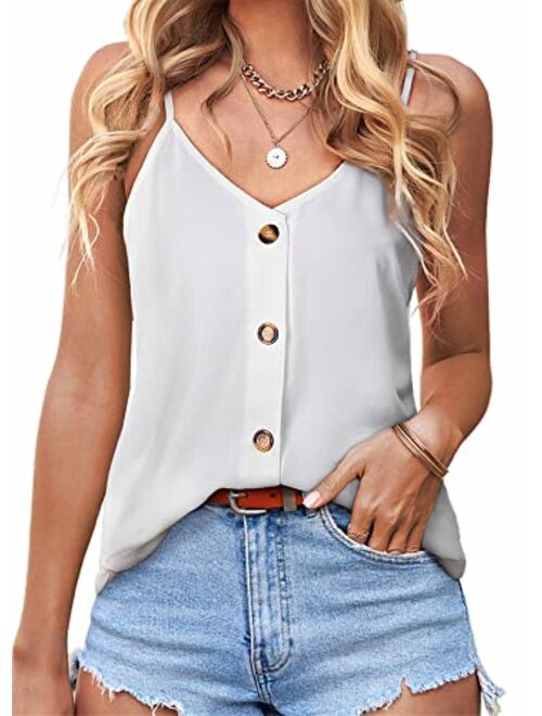 BLENCOT Button Down V Neck Strappy Tank Tops Loose Casual Sleeveless Shirts Blouses