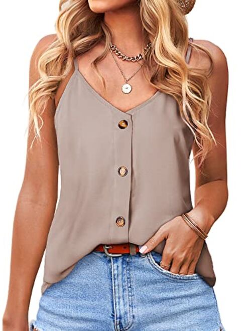 BLENCOT Button Down V Neck Strappy Tank Tops Loose Casual Sleeveless Shirts Blouses