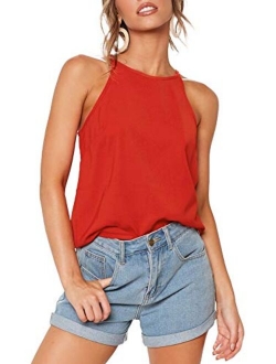 THANTH Womens Halter Tops Sleeveless Summer Strap Tank Tops High Neck Casual Cami Tops Tee