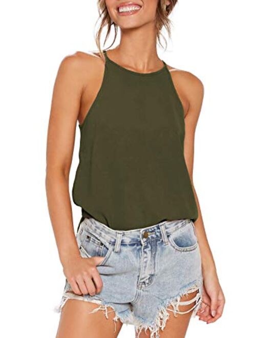 THANTH Womens Halter Tops Sleeveless Summer Strap Tank Tops High Neck Casual Cami Tops Tee