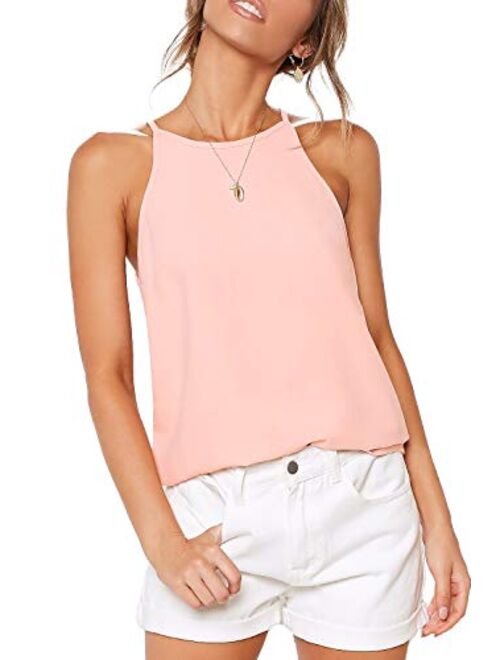 THANTH Womens Halter Tops Sleeveless Summer Strap Tank Tops High Neck Casual Cami Tops Tee