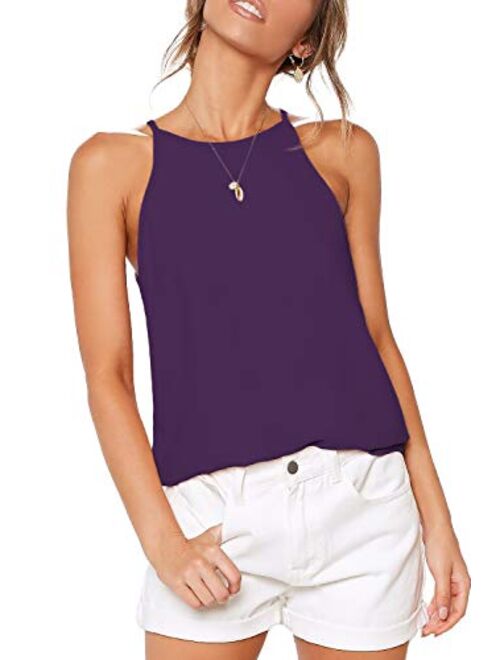 THANTH Womens Halter Tops Sleeveless Summer Strap Tank Tops High Neck Casual Cami Tops Tee