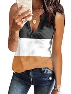 Womens Tank Tops V Neck Waffle Knit Summer Casual Sleeveless Loose Tee Shirts