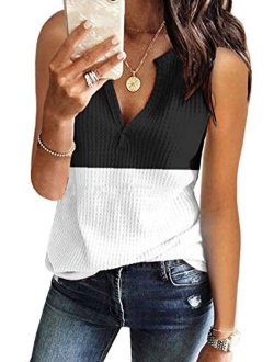 Womens Tank Tops V Neck Waffle Knit Summer Casual Sleeveless Loose Tee Shirts