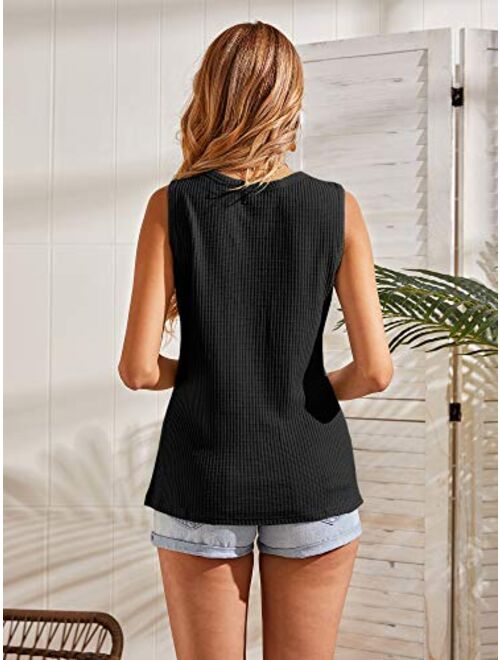 Womens Tank Tops V Neck Waffle Knit Summer Casual Sleeveless Loose Tee Shirts