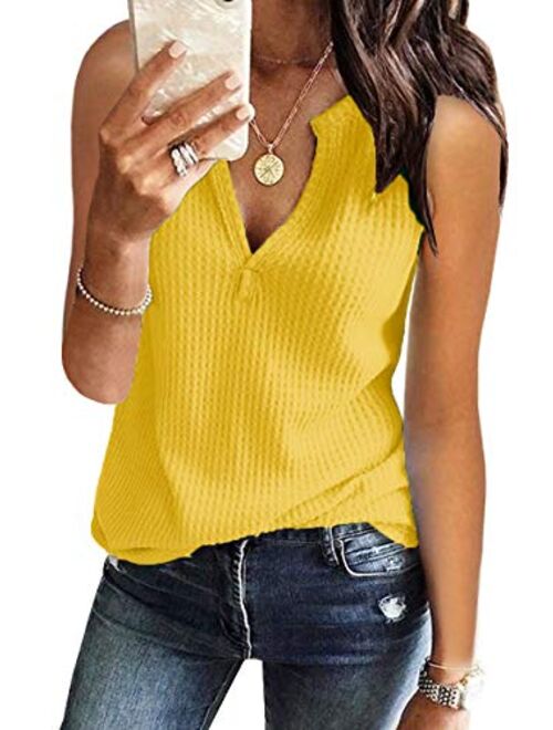 Womens Tank Tops V Neck Waffle Knit Summer Casual Sleeveless Loose Tee Shirts