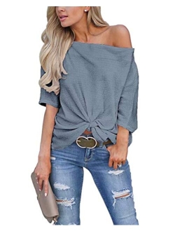 LACOZY Women's Waffle Knit Off The Shoulder Tops Knot Batwing Shirt Tunic Blouse