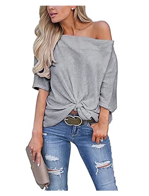 LACOZY Women's Waffle Knit Off The Shoulder Tops Knot Batwing Shirt Tunic Blouse