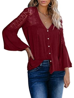 Aleumdr Women's Lace Crochet V Neck 3/4 Sleeve Button Down Blouses Casual Shirts Tops