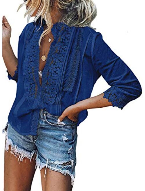 Aleumdr Women's Lace Crochet V Neck 3/4 Sleeve Button Down Blouses Casual Shirts Tops