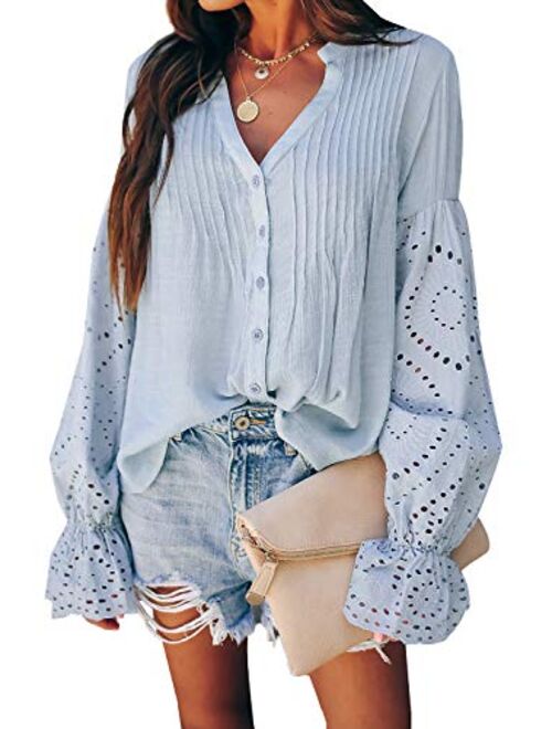 Aleumdr Women's Lace Crochet V Neck 3/4 Sleeve Button Down Blouses Casual Shirts Tops