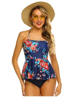 ADOME Tummy Control Tankini Swimsuits for Women 2 Pcs Swimsuit Set Floral Print Ruffle Halter Swimwear