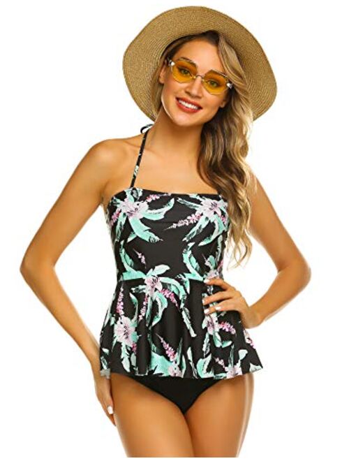 ADOME Tummy Control Tankini Swimsuits for Women 2 Pcs Swimsuit Set Floral Print Ruffle Halter Swimwear