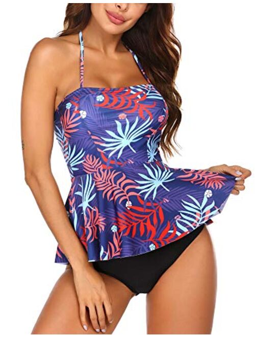 ADOME Tummy Control Tankini Swimsuits for Women 2 Pcs Swimsuit Set Floral Print Ruffle Halter Swimwear