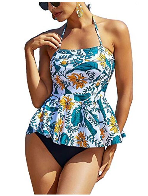 ADOME Tummy Control Tankini Swimsuits for Women 2 Pcs Swimsuit Set Floral Print Ruffle Halter Swimwear