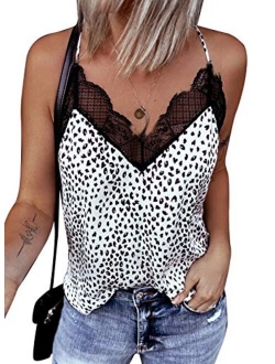 Sidefeel Women V Neck Lace Strappy Floral Print Tank Top Sleeveless Blouse