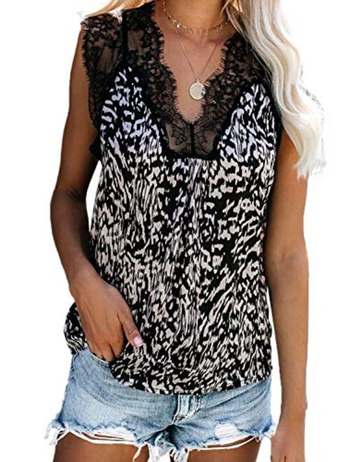 Sidefeel Women V Neck Lace Strappy Floral Print Tank Top Sleeveless Blouse