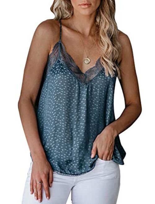 Sidefeel Women V Neck Lace Strappy Floral Print Tank Top Sleeveless Blouse