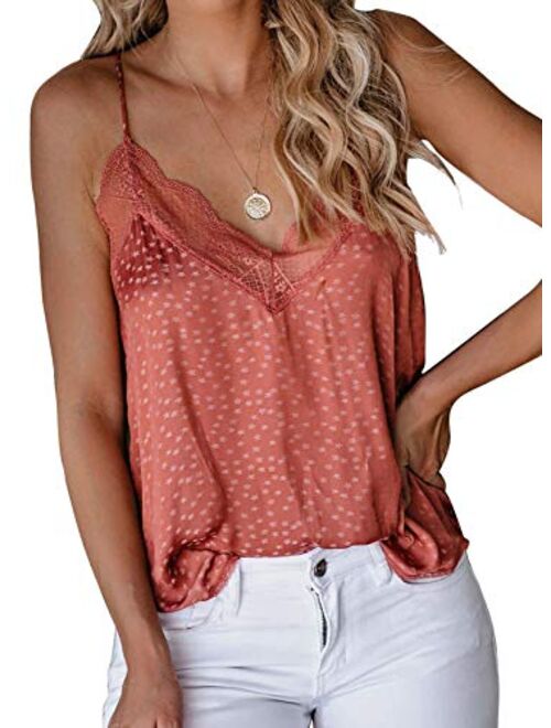 Sidefeel Women V Neck Lace Strappy Floral Print Tank Top Sleeveless Blouse