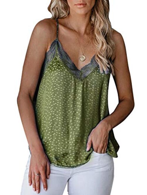 Sidefeel Women V Neck Lace Strappy Floral Print Tank Top Sleeveless Blouse