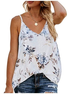 TECREW Women's Boho Floral V Neck Spaghetti Straps Tank Top Summer Sleeveless Shirts Blouse