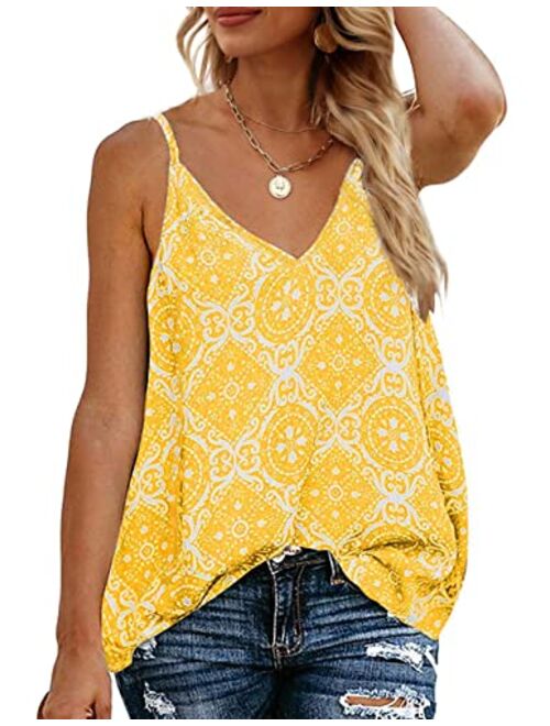 TECREW Women's Boho Floral V Neck Spaghetti Straps Tank Top Summer Sleeveless Shirts Blouse