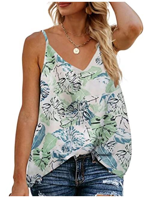 TECREW Women's Boho Floral V Neck Spaghetti Straps Tank Top Summer Sleeveless Shirts Blouse