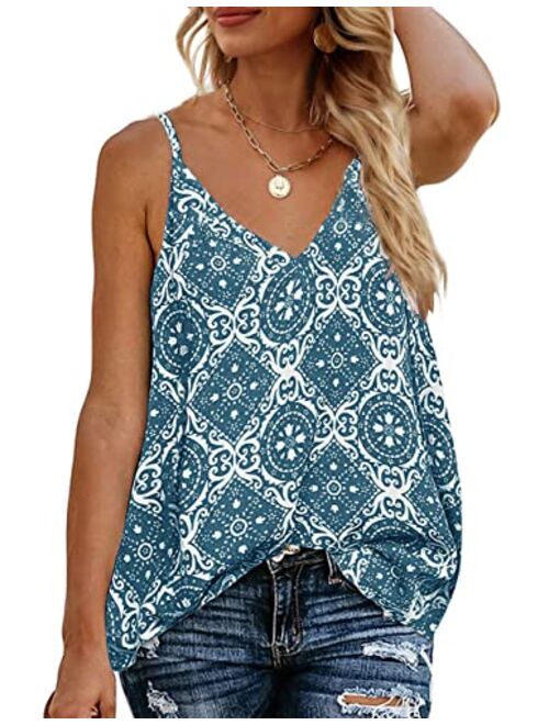 TECREW Women's Boho Floral V Neck Spaghetti Straps Tank Top Summer Sleeveless Shirts Blouse