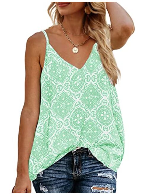 TECREW Women's Boho Floral V Neck Spaghetti Straps Tank Top Summer Sleeveless Shirts Blouse