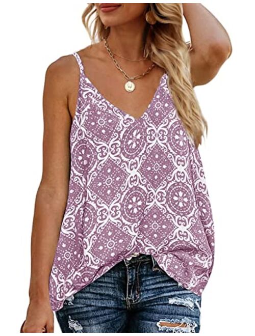 TECREW Women's Boho Floral V Neck Spaghetti Straps Tank Top Summer Sleeveless Shirts Blouse