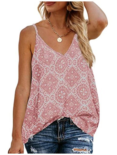 TECREW Women's Boho Floral V Neck Spaghetti Straps Tank Top Summer Sleeveless Shirts Blouse