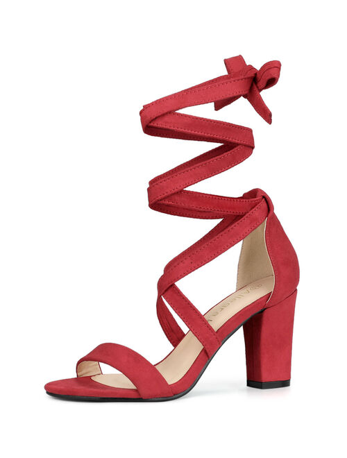 Women's Crisscross Lace Up Mid Block Heels Sandals Red (Size 8)