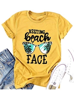 Resting Beach Face T-Shirt Women Funny Leopard Sunglasses Graphic Tees Top Short Sleeve Vacation Tops Shirt