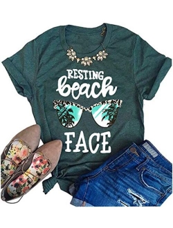 Resting Beach Face T-Shirt Women Funny Leopard Sunglasses Graphic Tees Top Short Sleeve Vacation Tops Shirt