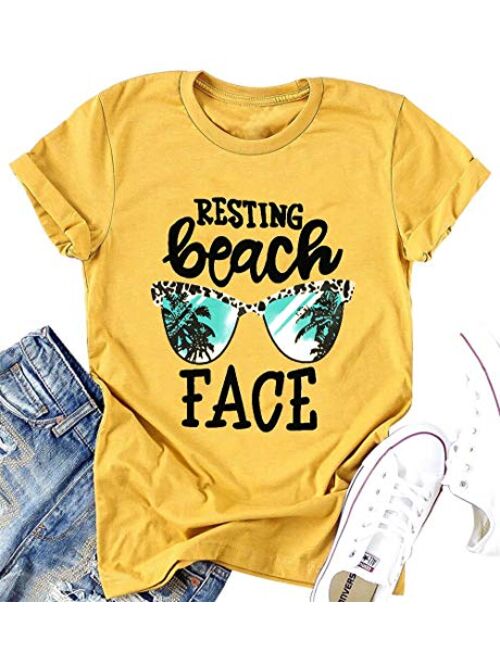 Resting Beach Face T-Shirt Women Funny Leopard Sunglasses Graphic Tees Top Short Sleeve Vacation Tops Shirt