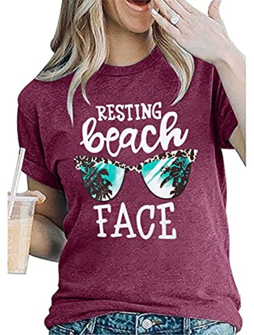 Resting Beach Face T-Shirt Women Funny Leopard Sunglasses Graphic Tees Top Short Sleeve Vacation Tops Shirt