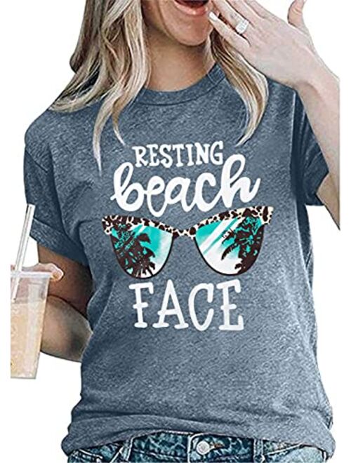 Resting Beach Face T-Shirt Women Funny Leopard Sunglasses Graphic Tees Top Short Sleeve Vacation Tops Shirt