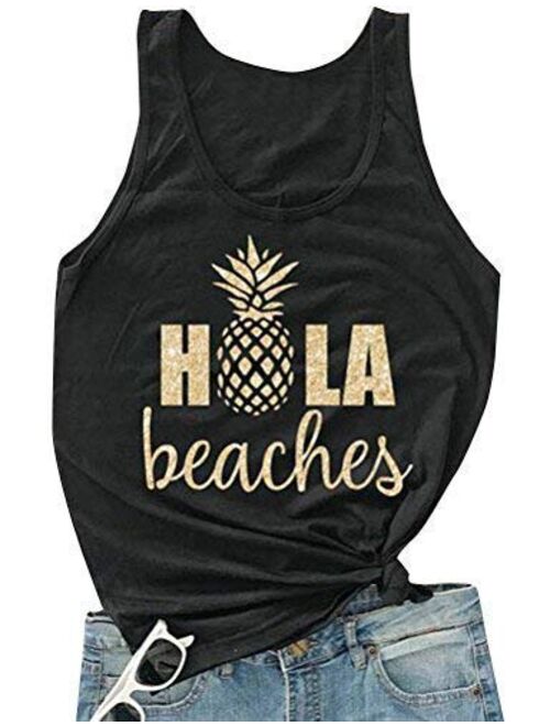 Hubery ZJP Women Casual Hola Beaches Letter Print Tanks Shirt Pineapple Print Tops Tee