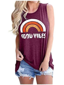 Vaise Womens Graphic Good Vibes Tank Tops Casual Summer Tank Tops Short Sleeve Shirts Tunics Rainbow Good Vibes Shirt