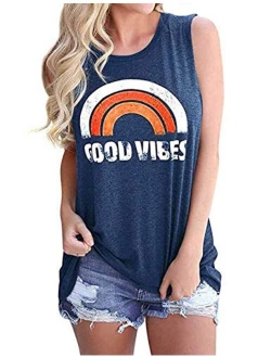 Vaise Womens Graphic Good Vibes Tank Tops Casual Summer Tank Tops Short Sleeve Shirts Tunics Rainbow Good Vibes Shirt