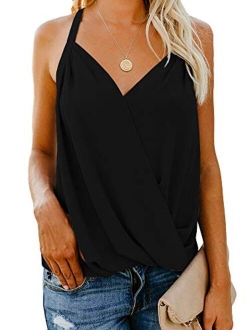 Women's V Neck Sleeveless Tank Tops Drape Wrap Front Pleated Back Casual Chiffon Cami Tops