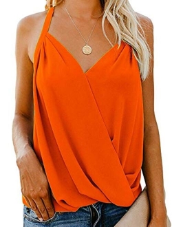 Women's V Neck Sleeveless Tank Tops Drape Wrap Front Pleated Back Casual Chiffon Cami Tops