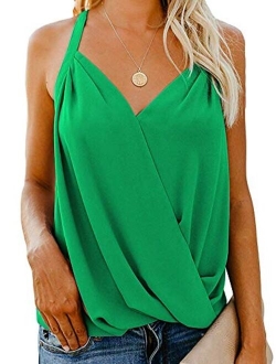 Women's V Neck Sleeveless Tank Tops Drape Wrap Front Pleated Back Casual Chiffon Cami Tops