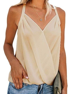 Women's V Neck Sleeveless Tank Tops Drape Wrap Front Pleated Back Casual Chiffon Cami Tops